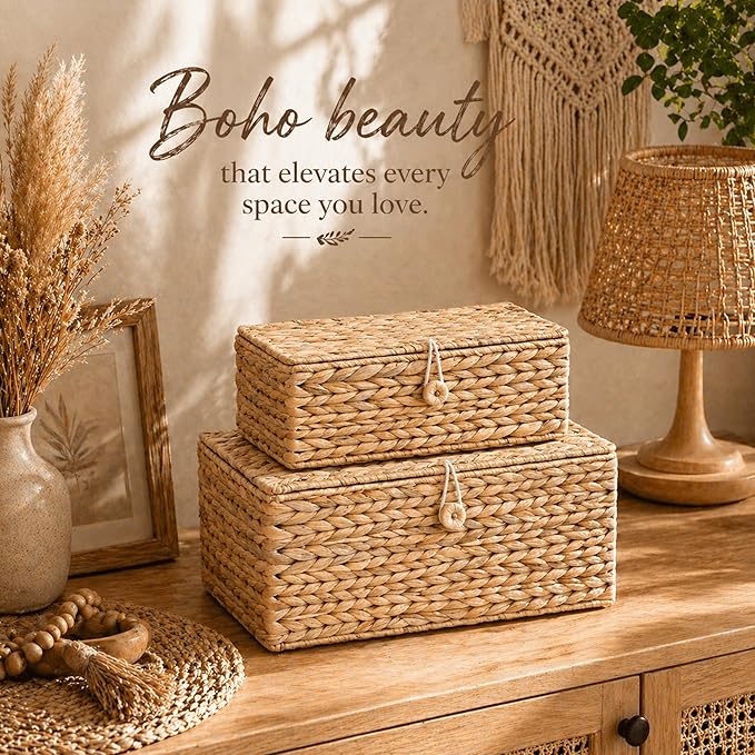 LUSYDECO Set of 2 Rectangular Wicker Storage Bins with Lid, Rattan Basket Decorative Boxes, Multipurpose Organizer Display Boxes for Shelf Organizer, Boho Rattan Box for Home Decoration