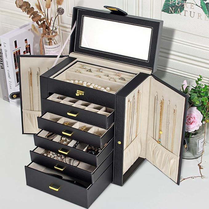 AKOZLIN Large Jewelry Box Organizer Functional with Big Mirror, Leather Jewelry Storage Case for Women Girls Ring Necklace Earring Bracelet Holder Organizer