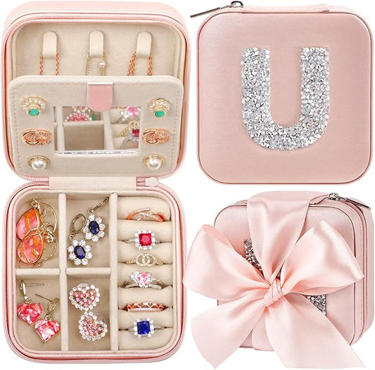 CHMI Travel Gifts for Women Girls,bridesmaids proposal gifts,Small Jewelry Organizer Box,Bridesmaid Proposal Gifts,Wedding Travel Essentials Small Jewelry Box Initial pink U