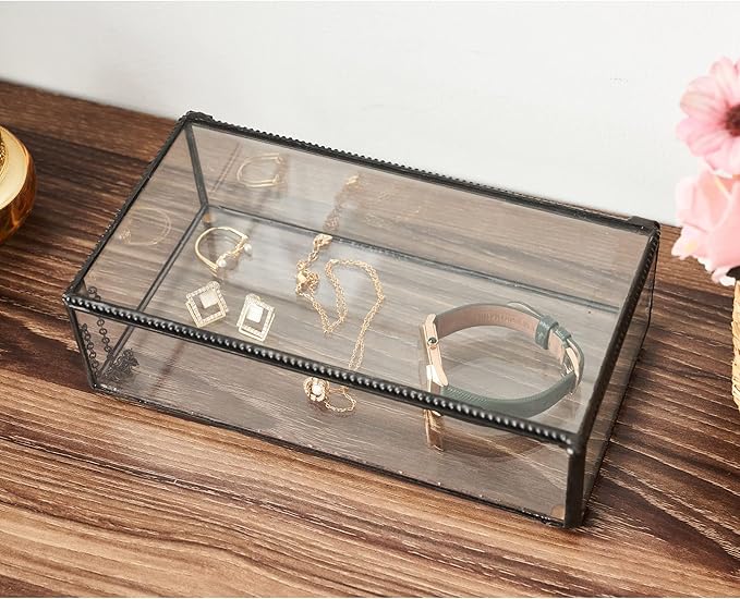Vintage Glass Jewelry Box Keepsake Box with Hinged Lid, Great for Storage Trinket/Jewelry/Card/Photo, Black Decorative Box for Dresser-15612EX