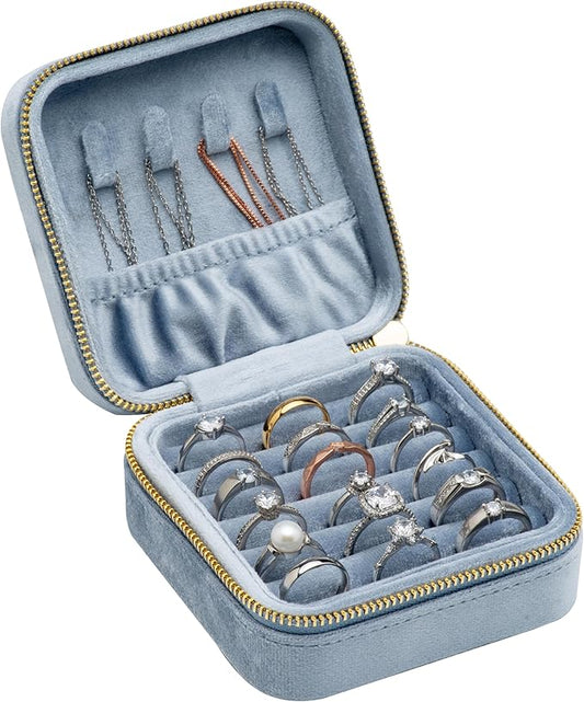 Velvet Multiple Square Ring Box Jewelry Organizer Display Tray with Zipper Around, Earring Holder Case for Wedding Birthday Christmas Valentine Day (Light Ocean Blue)