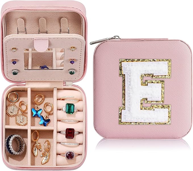 Parima Gifts for Teen Girls - 2026 Travel Jewelry Case Gifts Ideas, 6,7,8,9,10,11,12,13,14 Year Old Girl Birthday Gift Travel Jewelry Organizer Christmas Gift for Daughter - Letter E, Pink