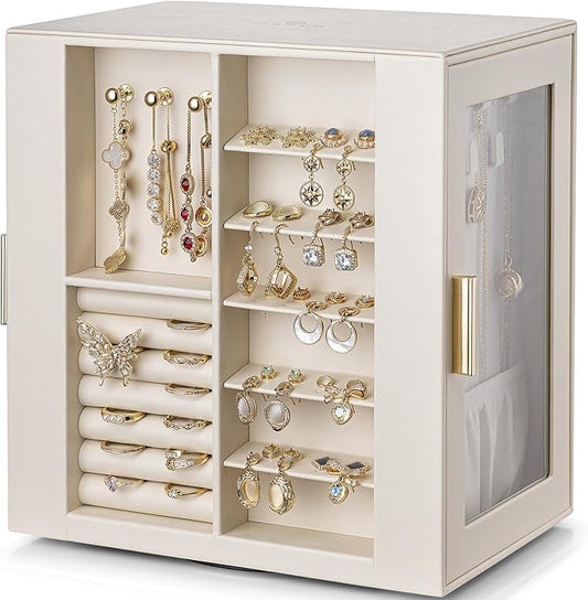 VLANDO 360ｰ Rotating Jewelry Box with 5 Drawers, Mothers Day Mom Gifts, Large Jewelry Storage with 2 Glass Window, PU Leather Jewelry Organizer for Bracelets, Necklaces, Earrings, Rings - Cloud White