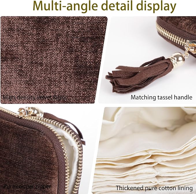 ASINGYER Travel Jewelry Storage Bag for Women, Velvet Portable Jewelry Organizer with Tassel Zipper, Small Pouches for Bracelets Necklaces Rings Earrings, Wedding Gift for Women (coffee brown)