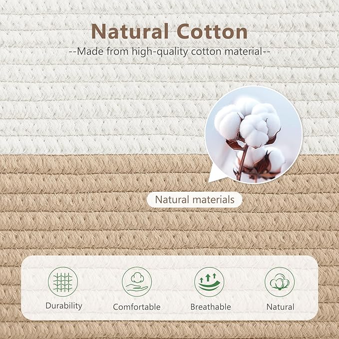 ECDYQXVU Cotton Rope Storage Baskets,15x10x9 in,Foldable Storage Bins, Decorative Woven Basket Cube Storage Organizer for Laundry, Towel, Clothes (White/Beige-3Pack, 15x10x9 inches)
