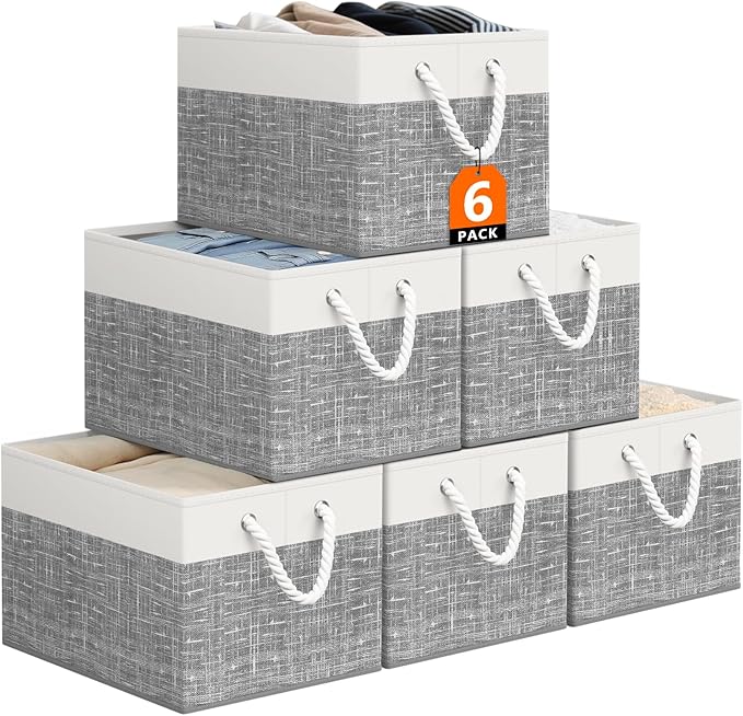 StorageTastic Storage Bin,Collapsible Storage Basket For Organizing,Large Storage Boxes With Rope Handles,Storage Containers,White & Grey,6 Pack