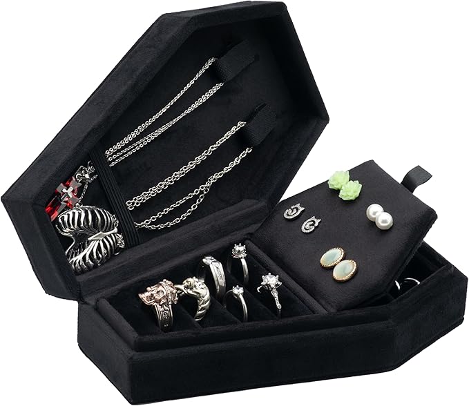 Velvet Coffin Jewelry Travel Case Holder for Gothic Wedding Ceremony Jewelry Organizer Decoration (Black 4 Grid)