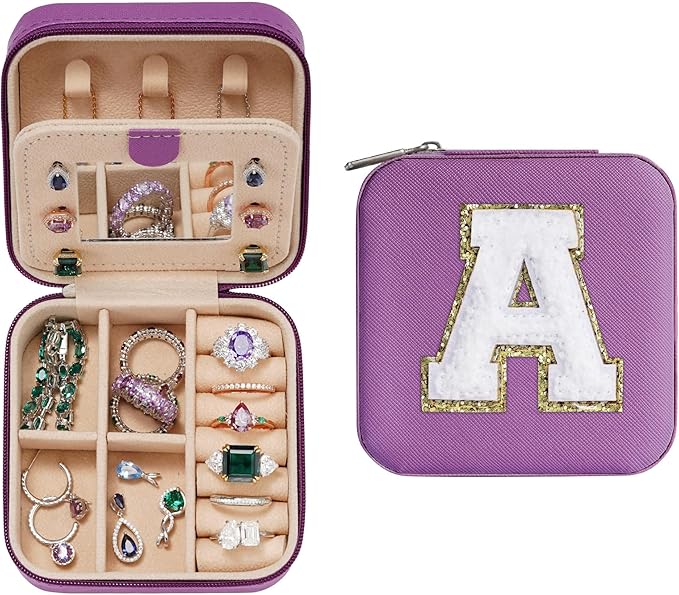 Parima Gifts for Grandkids Teenage Girls Her - Purple Travel Jewelry Case, Personalized Jewelry Box - Mother's Day Gift, Letter A