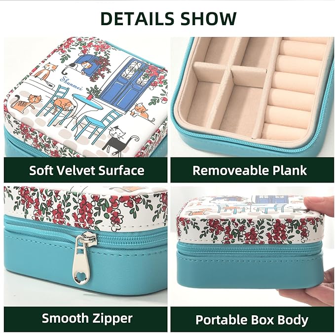 shunmei Mini Travel Jewelry Box,PU Leather Portable Jewelry Organizer Case,Art Accessories Storage Holder Boxes for Earring, Necklace, Rings, Bracelets (Six Cats)