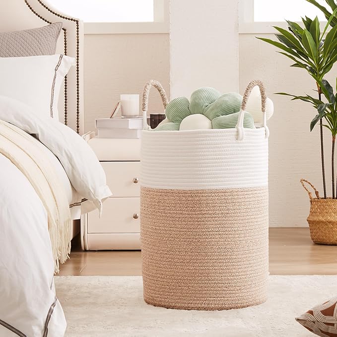 80L Extra Large Laundry Hamper Basket Tall Woven Rope Clothes Hamper Blanket Basket for Living Room Bathroom Bedroom Brown 16"L x 16"W x 22"H