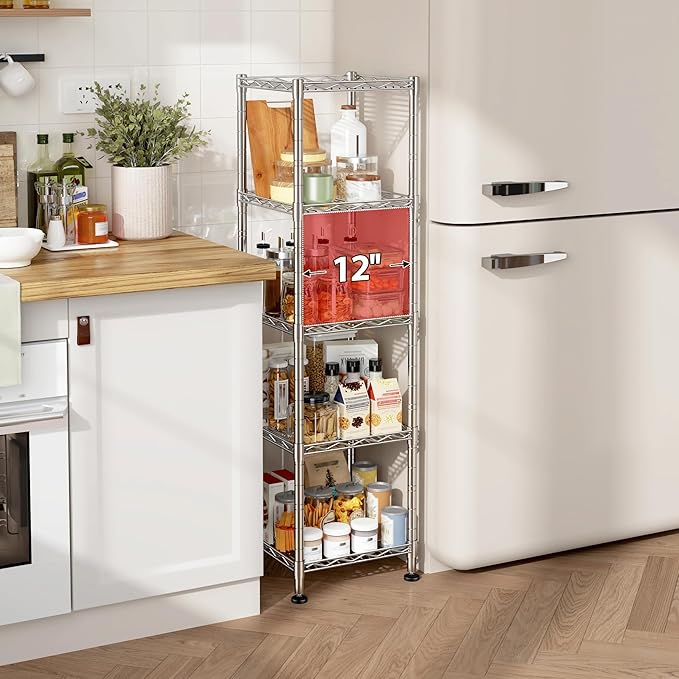 DurayLoly Set of 2 Metal Shelving-5 Tier Storage Shelves:AdjustableShelving and Units Standing Shelving Storage Rack Narrow Shelf for Kitchen Pantry Closet Office 12''Wx12''Dx49''H Chrome