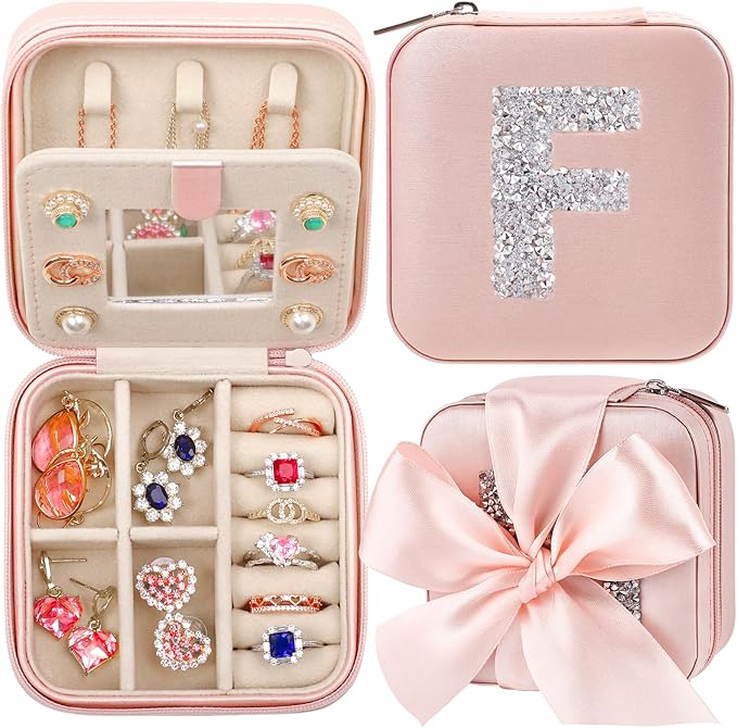 CHMI Small Jewelry Organizer Box,bachelorette gifts for bridesmaids,Travel Initial Jewelry Box for Girls,Travel Jewelry Case,Travel Gifts for Women Girls,Initial pink F
