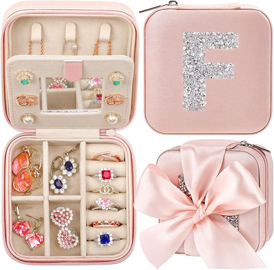 CHMI Small Jewelry Organizer Box,bachelorette gifts for bridesmaids,Travel Initial Jewelry Box for Girls,Travel Jewelry Case,Travel Gifts for Women Girls,Initial pink F