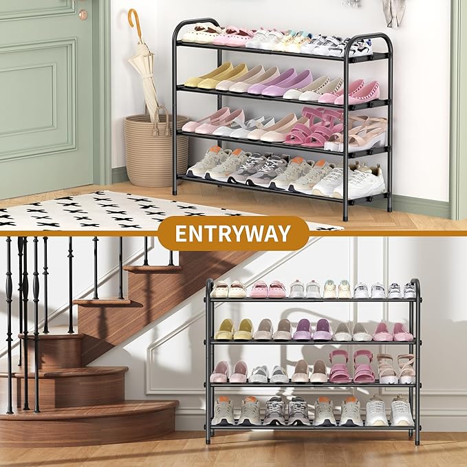 Hleelomi 4-Tier Expandable Shoe Rack for Entryway，Adjustable Metal Shoe Organizer for Closet,Living Room,Dorm,Black
