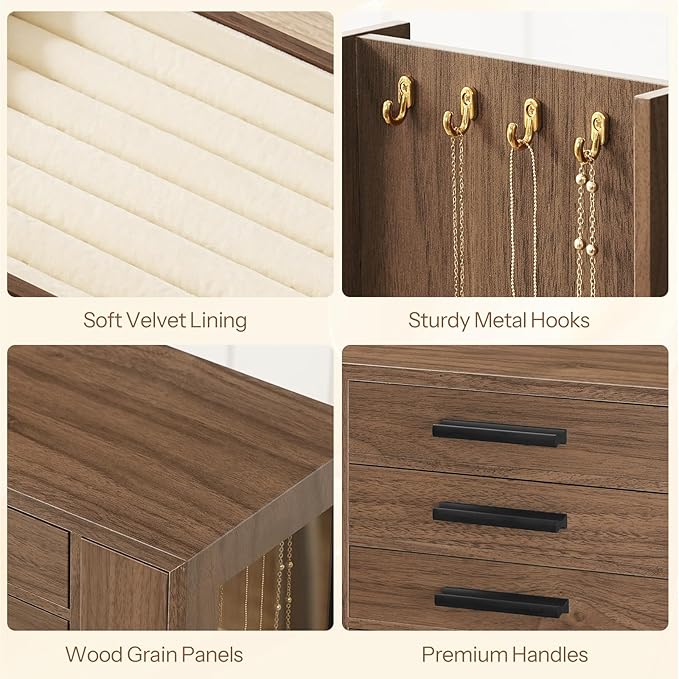 HOOBRO 5-Tier Jewelry Box, Wooden Jewelry Organizer with Transparent Windows, Jewelry Storage Box with 2 Vertical Drawers, for Earring, Necklace, Bracelet, Ring, Watch, Walnut and Black BH19JB04