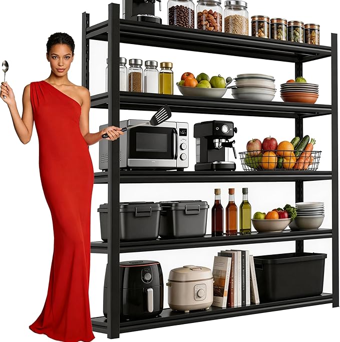 72" H Metal Kitchen Shelves, 5 Tier Kitchen Pantry Cabinet, 3000 lbs Adjustable Standing Shelf and Thickened Double-Layer Posts for Garage,Warehouse,Basement, Kitchen Black (72×36×14in)