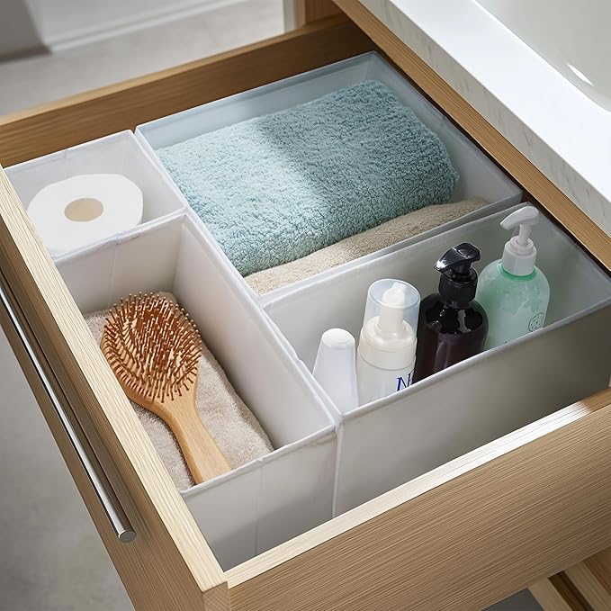 TYEERS Drawer Organizers, Durable Fabric, Washable, with Base Support Boards, Small Storage Boxes for Bathroom, Closet, Dresser, Set of 6, White