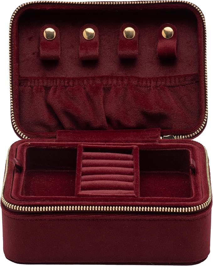 Velvet Travel Jewelry Organizer Box with Zipper Around,Portable Accessory Display Tray Holder Storage Case for Multiple Earrings Rings Necklaces Bracelets (Red)