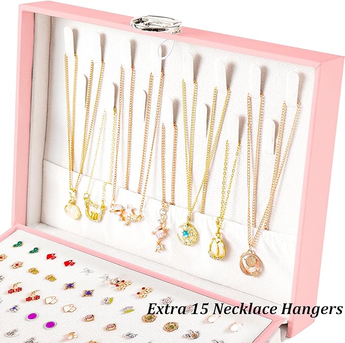 QBestry Earring Jewelry Box for Girls Pink, 5 Layers Jewelry Organizer with Lock Key Jewelry Boxes for Women Necklace and Earring Holder Organizer for Girls Teen Jewelry Box Earrings Case Xmas Gifts