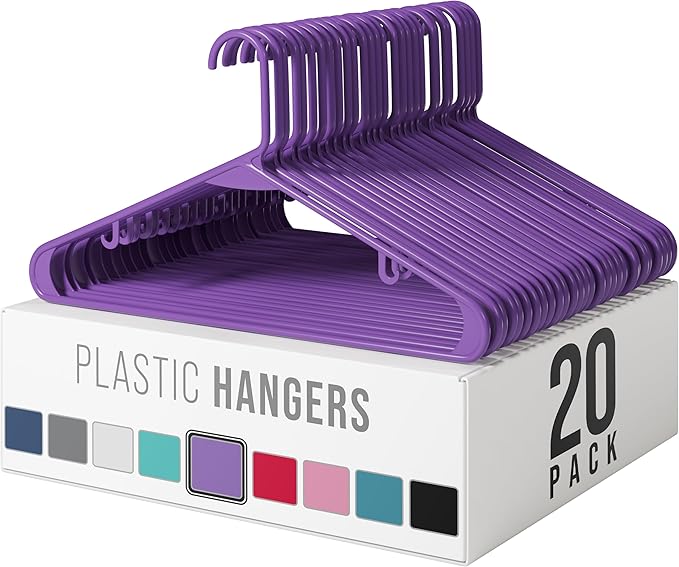Plastic Hangers 20 Pack Purple - Clothes Hangers - Makes The Perfect Coat Hanger and General Space Saving Hangers for Closet and New Apartment Essentials - Percheros Ganchos para Colgar Ropa Hangars