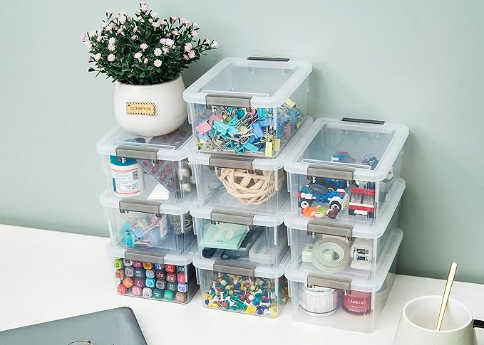 Citylife 1.3 QT 6 Pack Small Storage Bins Plastic Storage Container Stackable Box with Lids for Organizing, Clear White