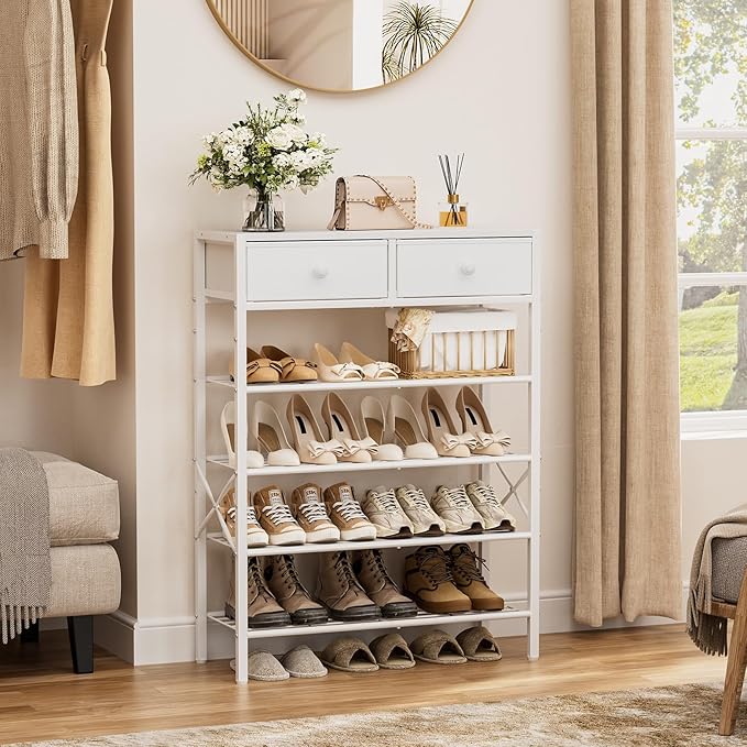 Shoe Rack for Entryway, 5 Tier Shoe Organizer with 2 Non-Woven Drawers, Metal Storage Shoe Shelf for 16-20 Pairs of Shoes, with Wooden Top and Steel Frame, Shoe Stand for Closet Greige