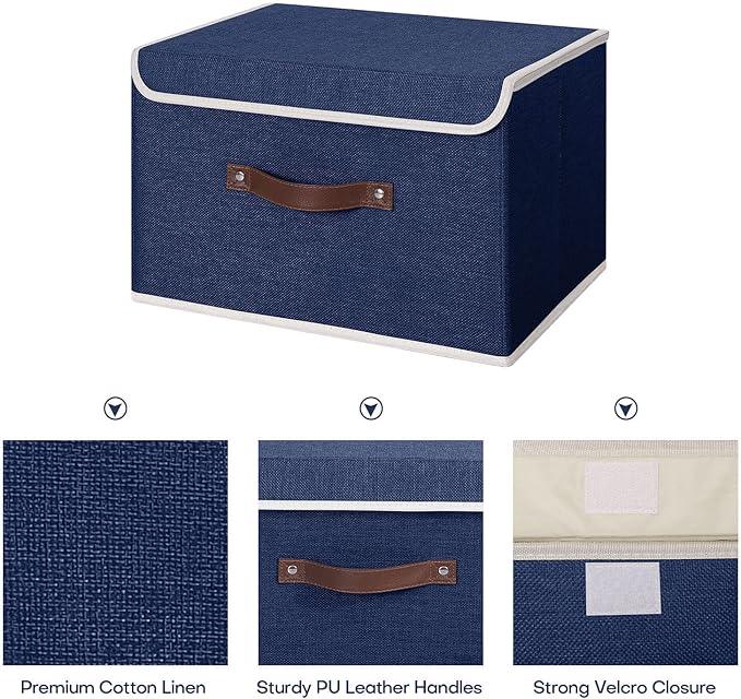 ANMINY 2PCS Storage Bin with Lid Storage Boxes with PU Leather Handles PP Plastic Board Decorative Foldable Lidded Cotton Linen Fabric Home Cubes Baskets Closet Organizer Container - Blue, Medium