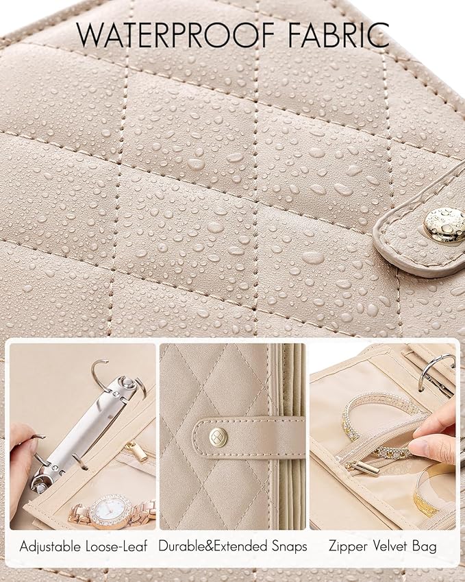 VLANDO Travel Jewelry Organizer Case,Jewelry Storage Book Ring Binder with Clear Zipper Velvet Pouch Bag for Traveling,Rings,Necklace,Earrings,Bracelets,Brooches-Toffee