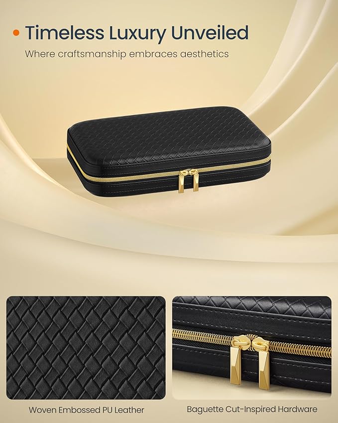 SONGMICS HOME Travel Jewelry Case, Jewelry Organizer Box with Mirror, Jewelry Pouch, Woven Embossed PU Leather, Hard Shell, Large Capacity, Gift Idea, Ink Black UJBC204B01