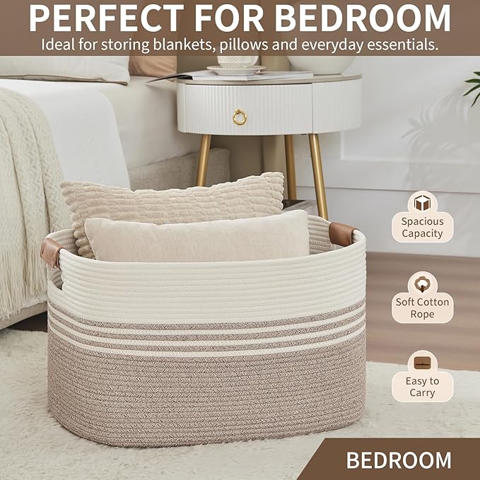 Large Woven Laundry Basket Hamper, 72L Cotton Rope Storage Bin for Blankets, Toys, Clothes, Decorative Nursery Hamper for Living Room, Baby Nursery, Bathroom, Bedroom, Kids Storage, Light Brown