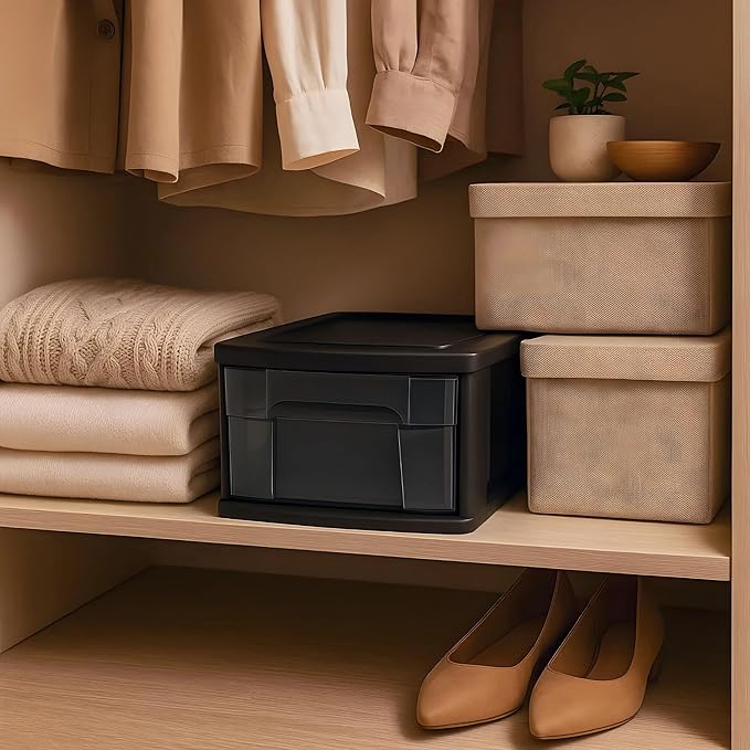 HOMZ 2-Pack 1-Drawer Storage Cart, Plastic Container w/Smoke Tint, 14.25" Wide Medium, Black Frame - Organizing Drawer Containers for Home, Bathroom, Bedroom, Office, and Classroom