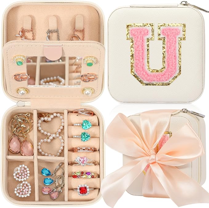 CHMI Travel Jewelry Case, White Jewelry Box, Jewelry Organizer - Travel Gifts for Women & Girls, Birthday & Christmas Gifts - Initial U