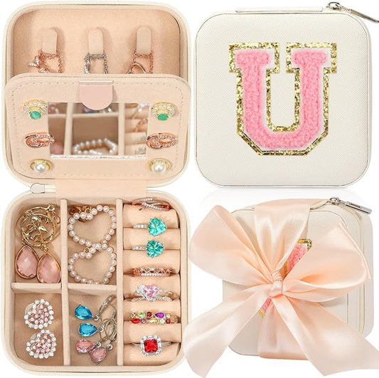 CHMI Travel Jewelry Case, White Jewelry Box, Jewelry Organizer - Travel Gifts for Women & Girls, Birthday & Christmas Gifts - Initial U