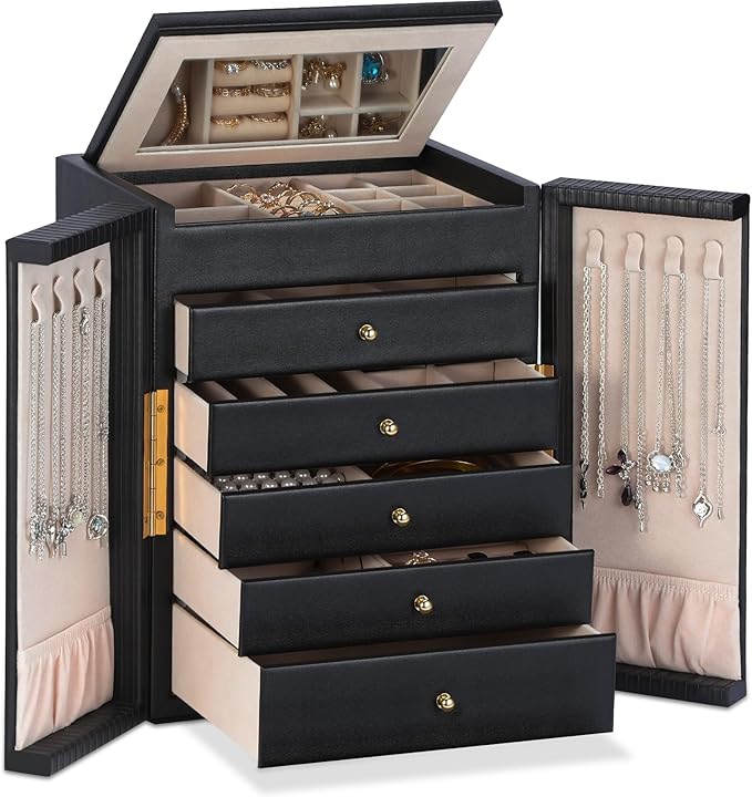 Dajasan Large Jewelry Organizer Box with 5 Drawers, Jewelry Box for Women, 6-Tier Jewelry Storage Organizer with Mirror for Necklace Ring Bracelet Watch, Gift Idea (Black)