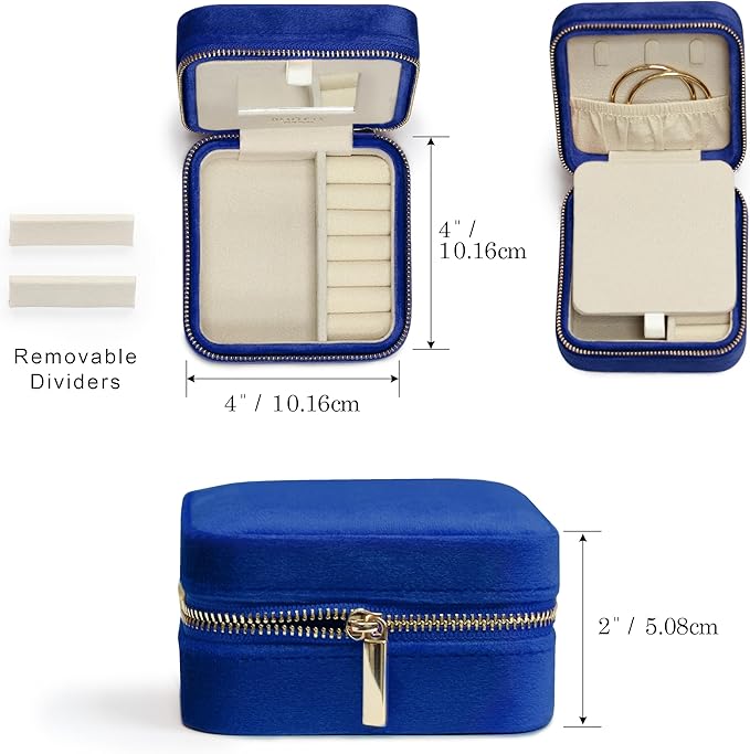 BLUTETE Travel Jewelry Box Organizer Velvet Travel Case With Mirror Ring Earrings Necklaces Storage Organizer Box (Midnight Blue)