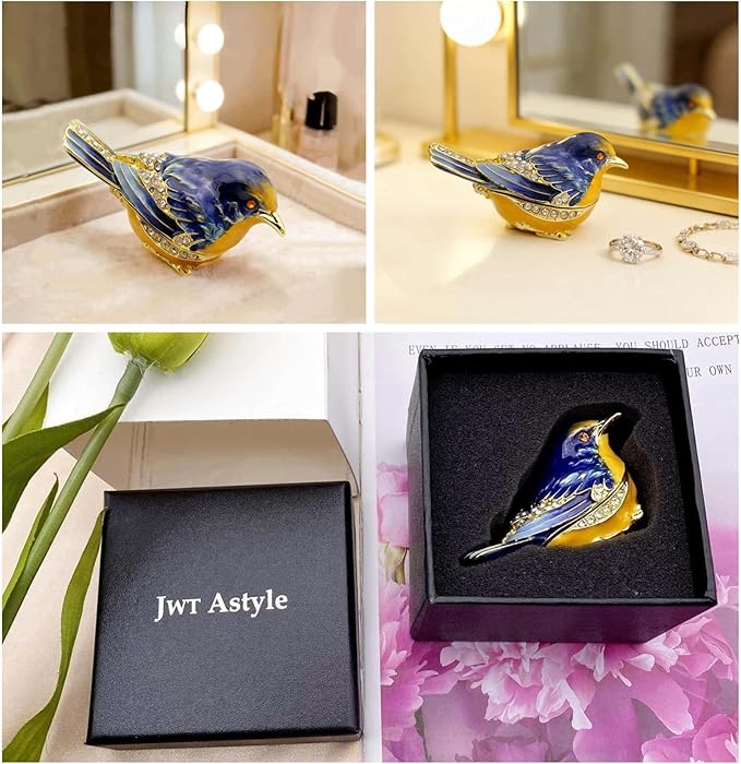 Starling Bird Trinket Boxes Hinged with Crystals Enameled Jewelry Box.Bird Lover Gifts for Women.Necklace Ring Box Earrings Storage.Collectible Bird Figurines Home Decor -Blue Yellow.