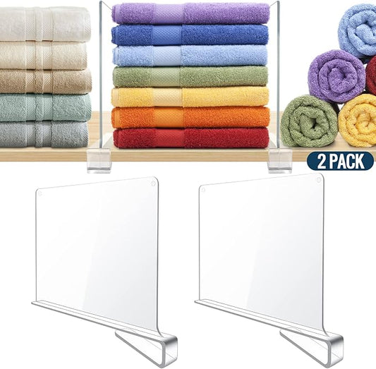 BAUMFEUER 2 Pack Clear Acrylic Shelf Dividers for Closet Shelf Organizer of Bedroom Kitchen Office Bathroom Organizer for Clothes Books and Handbags