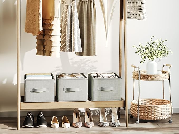 LayerSpace 3 Pack Fabric Storage Bins for Shelves | 11.5x8.75x6.5in Closet Storage Baskets | Collapsible Storage Bins | Fabric Closet Organizers with Handles | Light Gray