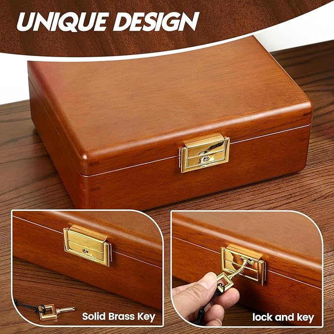 Solid Walnut Wood Jewelry Organizer Box with Lock, 2-Layer Vintage Jewelry Box for Men Women, Velvet-Lined Storage for Earrings Rings Necklaces Bracelets Watches Perfect Father Day Gift Khaki