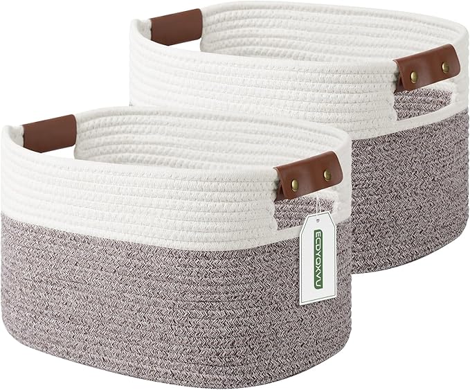 ECDYQXVU Cotton Rope Basket, Storage Baskets with Handle, 15x10x9 Inch Woven Basket for Shelves, Laundry, Towels, Clothes, Books (White Brown 2 Pack)