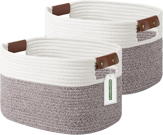 ECDYQXVU Cotton Rope Basket, Storage Baskets with Handle, 15x10x9 Inch Woven Basket for Shelves, Laundry, Towels, Clothes, Books (White Brown 2 Pack)