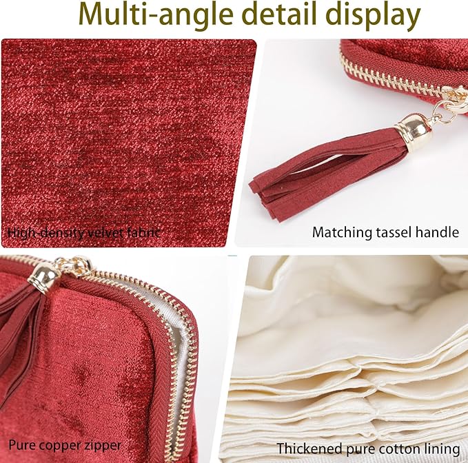ASINGYER Travel Jewelry Storage Bag for Women, Velvet Portable Jewelry Organizer with Tassel Zipper, Small Pouches for Bracelets Necklaces Rings Earrings, Wedding Gift for Women (Wine red)