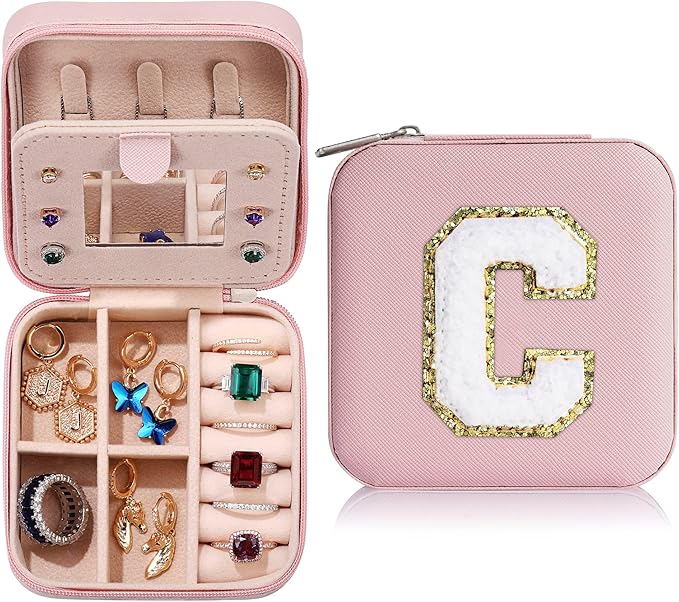 Parima Preppy Travel Jewelry Box - Personalized Trendy Letter Jewelry Organizer Box for Girls, Travel Gifts for Teen Girls Trendy Stuff | Graduation Gifts for Girls Fashion - Letter C, Pink