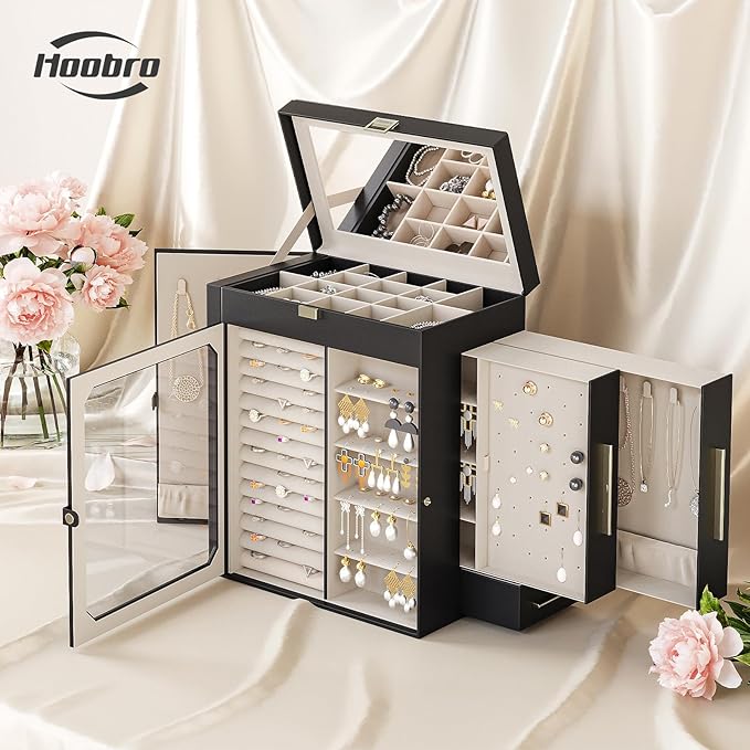 HOOBRO Jewelry Box with Mirror, Travel Jewelry Organizer with Glass Window, Jewelry Storage Case, Vertical Storage, Gift for Loved Ones, for Earrings, Rings, Necklaces, Bracelets, Black BK03JB04G2