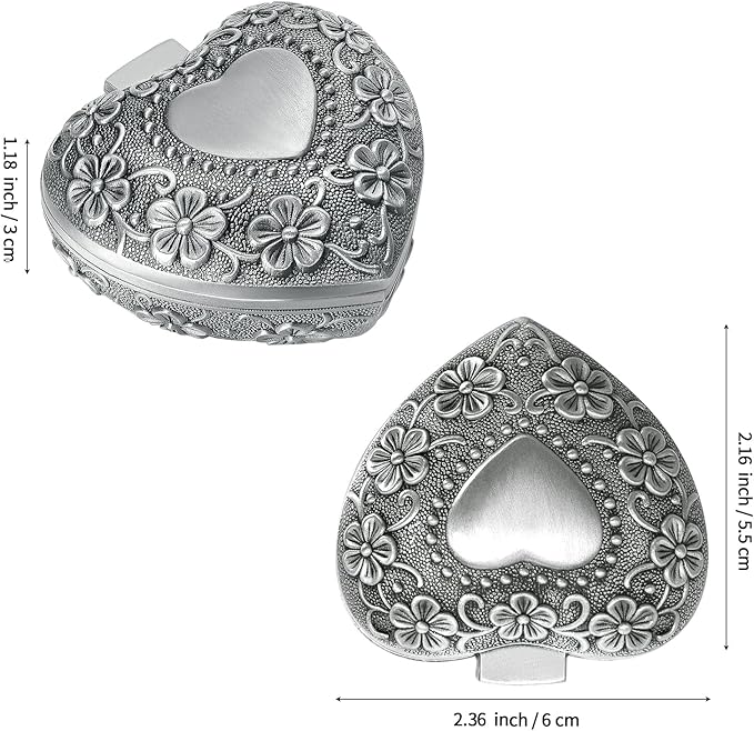 Vintage Metal Jewelry Gift Box, Small Heart Shape Trinket Storage Organizer Case for Ring/Earrings/Necklace/rosary, Keepsake Treasure Holder Box for Bedside Dresser Decorative (Style 1)