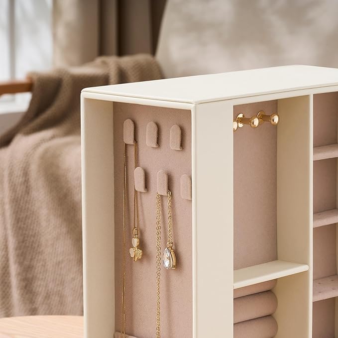 Jewelry Box Organizer for Women: 360 Rotating Vertical Storage Case, Ivory Leather with Pink Velvet, Ring Necklace Bracelet Holder, Gift Decor, 10 x 8.7 x 3.9 in