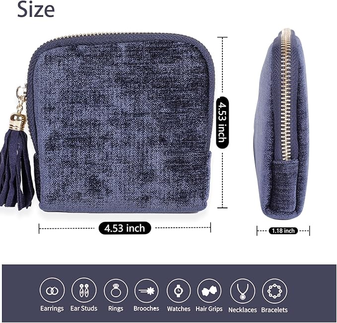 ASINGYER Travel Jewelry Storage Bag for Women, Velvet Portable Jewelry Organizer with Tassel Zipper, Small Pouches for Bracelets Necklaces Rings Earrings, Wedding Gift for Women (dark blue)