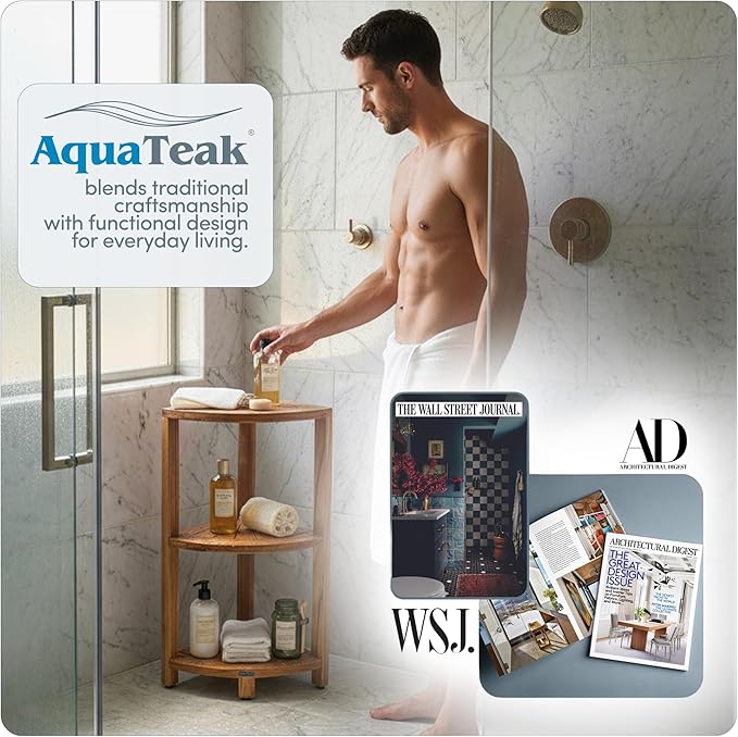 AquaTeak 12" Kai-Petite Teak Corner Shelf Stand - Shower Stand with 3 Tier Shelf for Bathroom - Durable Water Resistant Shower Organizer - Space-Saving Storage Shelves with Anti-Slip Feet