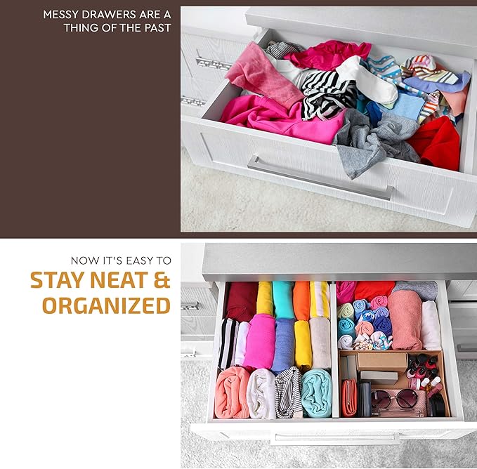4-Pack Bamboo Drawer Dividers - 12.2 to 17.3 Inches Deep, 2.6 Inches High, Adjustable Expandable Drawer Organizer Dresser Separator for Clothes, Utensils, Kitchen, Bathroom, Office Storage, White