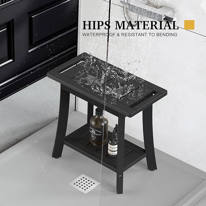 HIPS Shower Bench Inside Shower Stool with Storage Shelf, Waterproof Spa Bath Chair for Bathroom, Seat or Organizer for Living Room, Bedroom - Great for All Ages Unisex Elderly (Medium, Black)